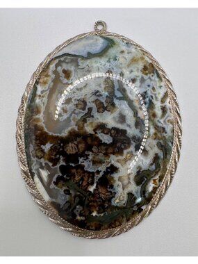 Sterling Ocean Jasper Pendant Large Stone Signed U with Arrow Boho Natural